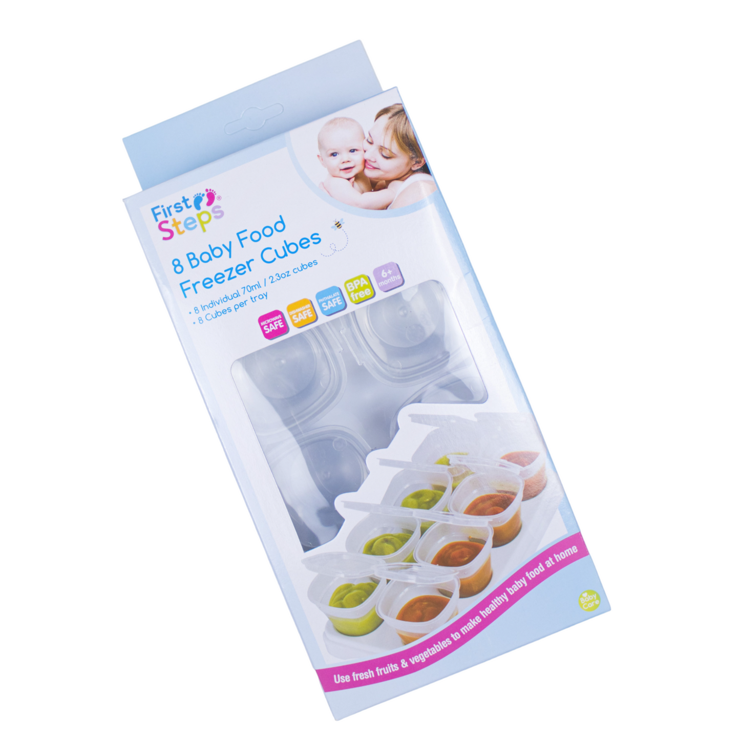 Set of eight convenient baby food pots, perfectly portioned and freezer-friendly for homemade meals anytime. Dishwasher safe for east cleaning. 