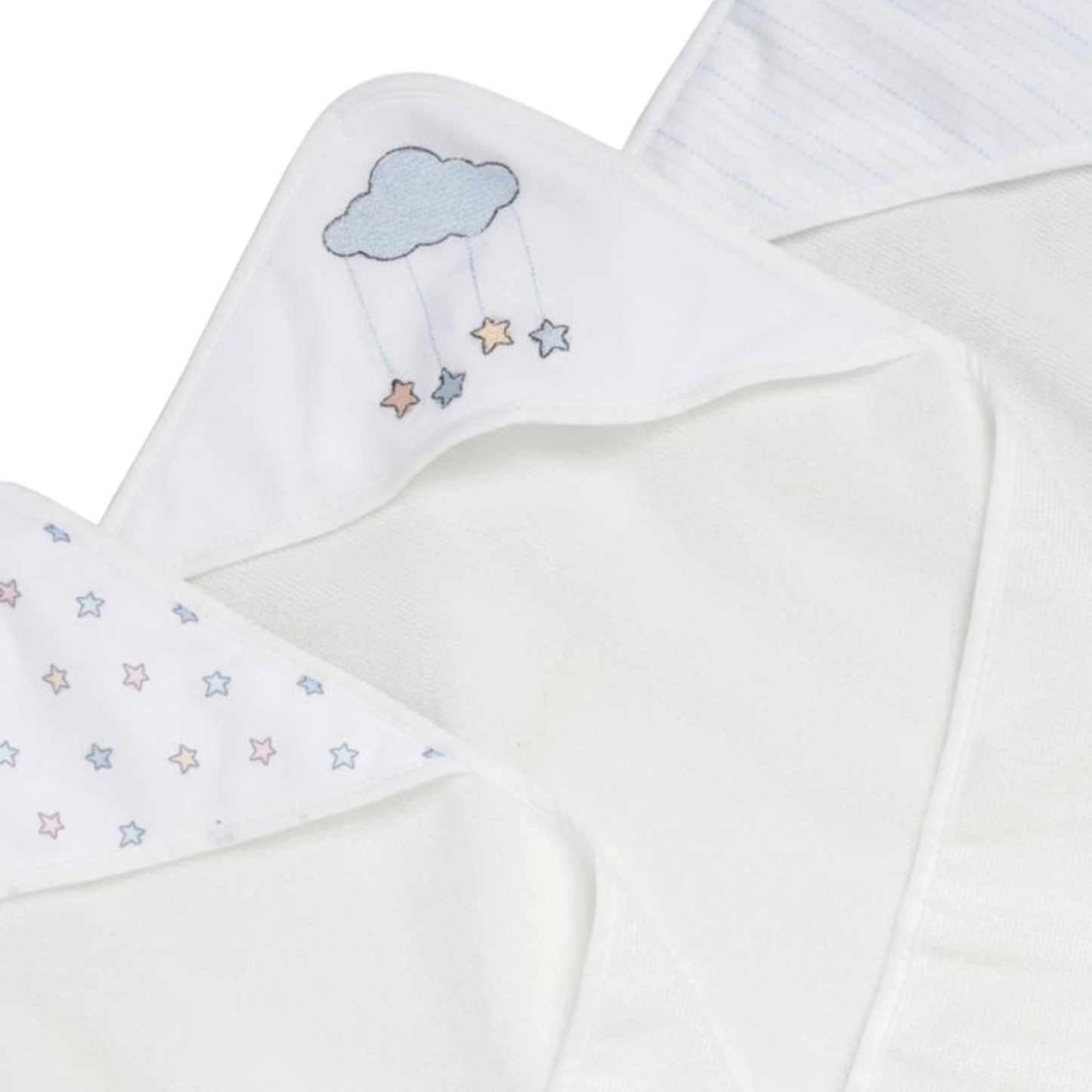 Hooded baby towels and wash set, included 3 hooded baby towels with assorted star and cloud print on the hood and 3 baby face cloths.