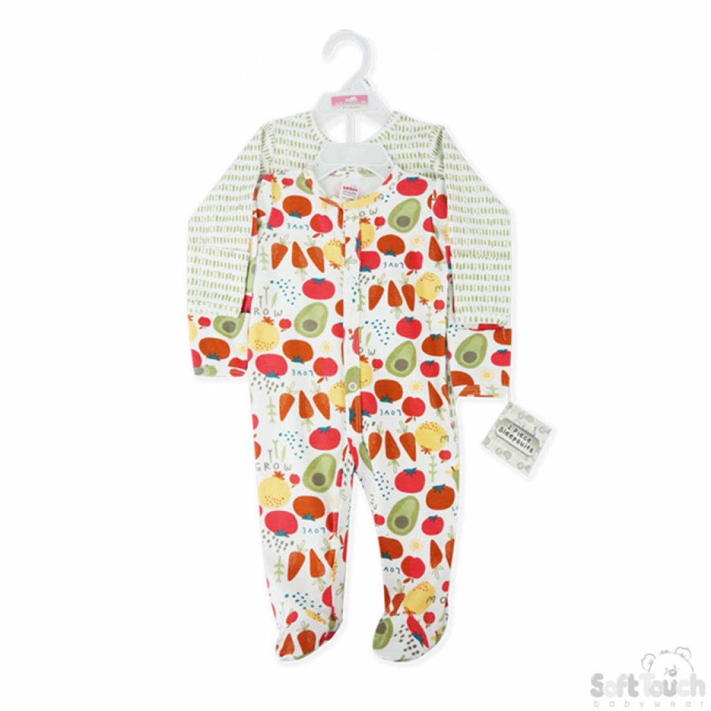 Two vibrant vegetable-themed baby sleepsuits made of 100% cotton for ultimate comfort, with matching accessories available