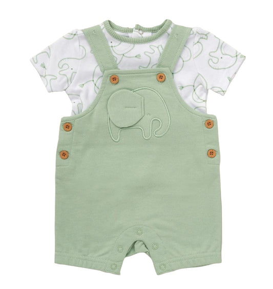 Unisex Baby Clothes - Adorable sage green baby dungaree set with 3D elephant applique - perfect for summer - unisex baby clothes