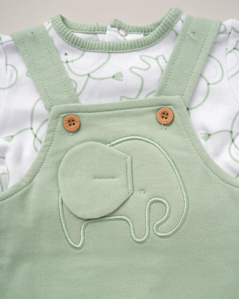 Unisex Baby Clothes - Elephant print top and sage green dungaree set featuring elephant design - ideal unisex baby clothes for summertime