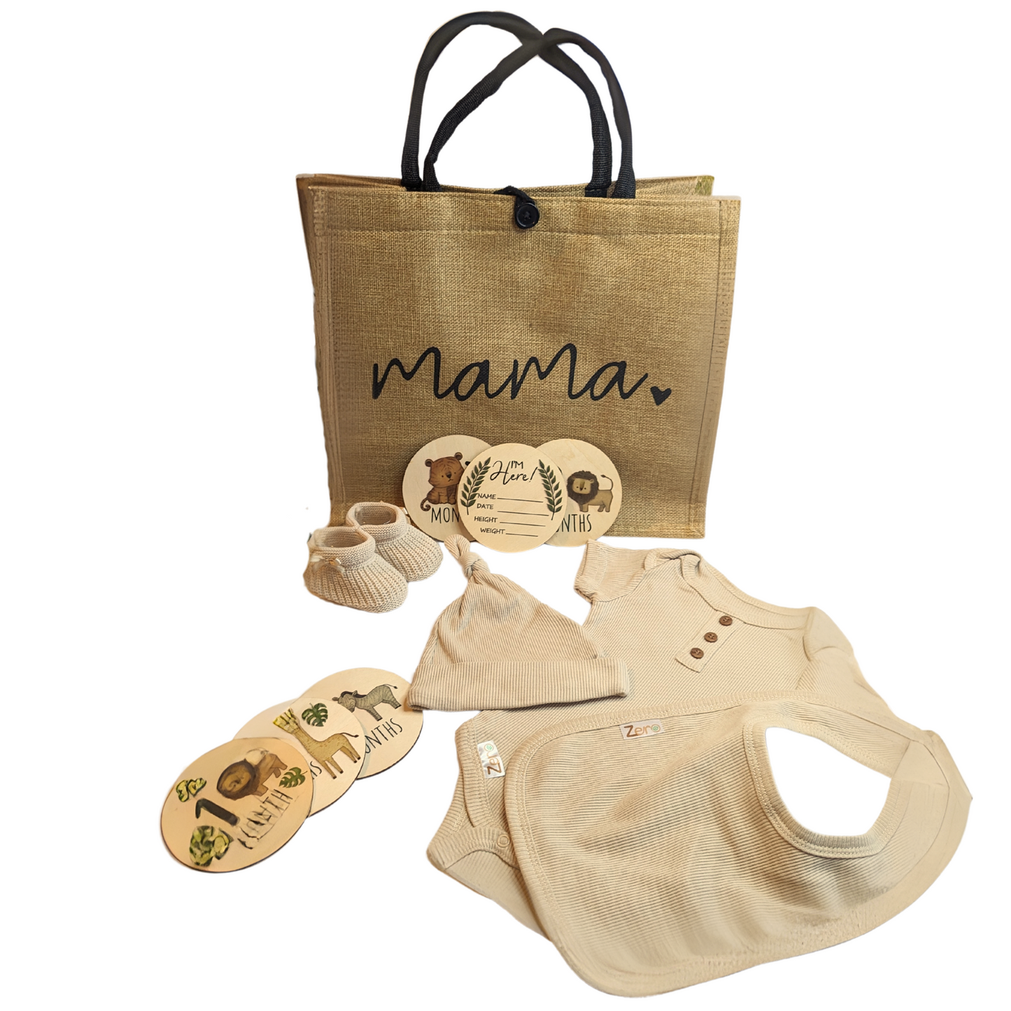 Gift hamper for mummy to be featuring a hessian bag, safari milestone discs, eco-friendly baby clothes, and knit booties