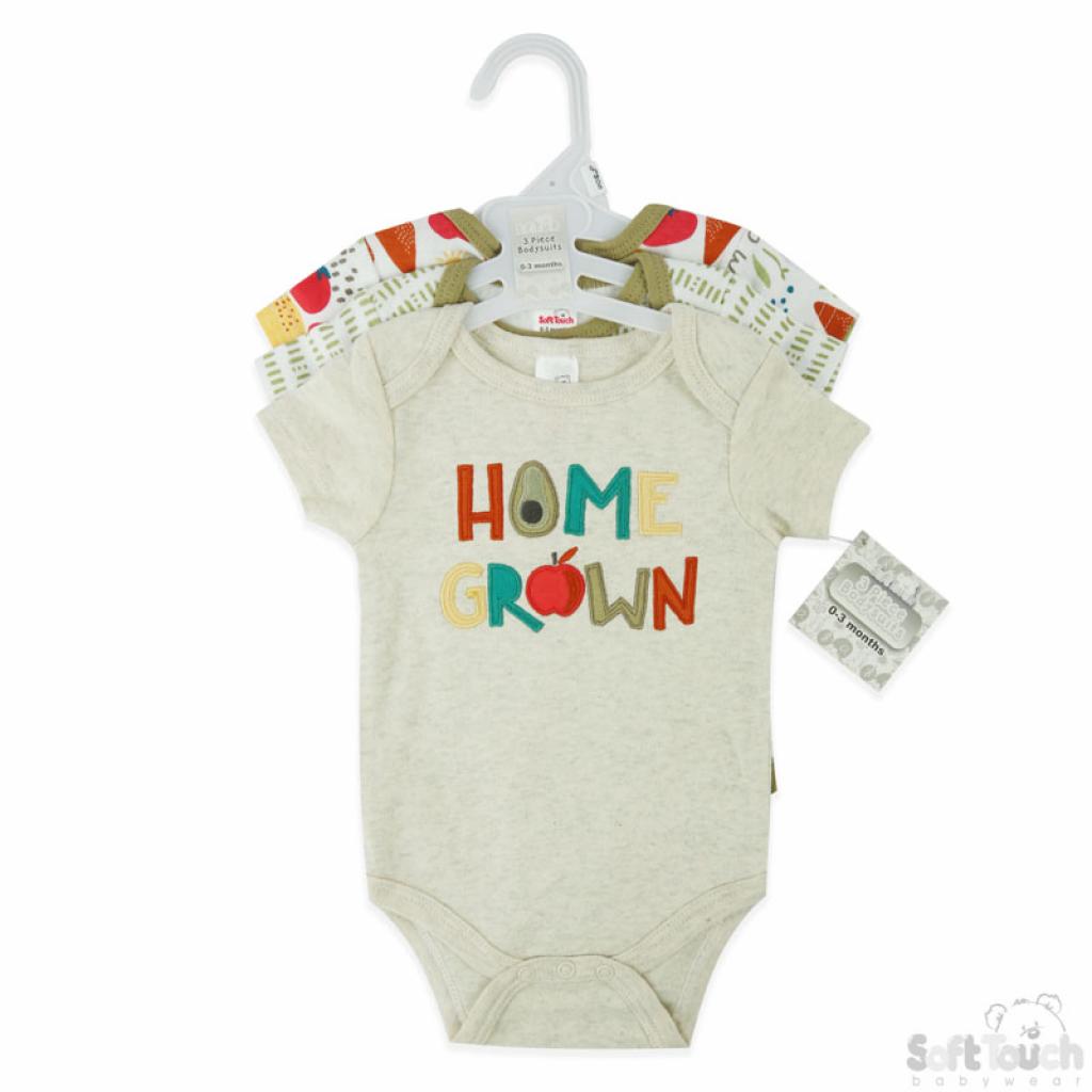 Unisex baby clothes - cute unisex baby bodysuits with vibrant vegetable-themed prints, made from 100% cotton for ultimate comfort. Explore our matching range of unisex baby clothing for a coordinated look. (On Hanger angle picture)