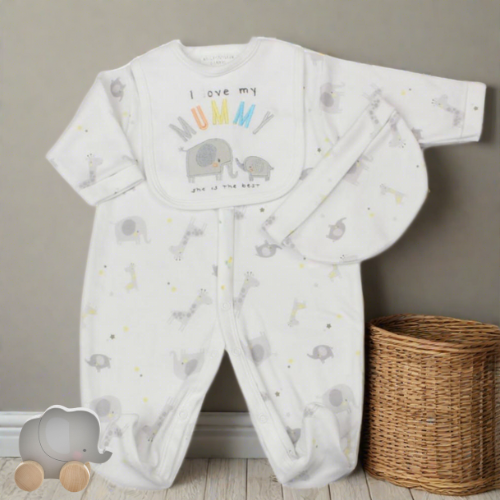 Unisex baby clothes set - Image of white three-piece baby clothes set with elephant theme, featuring 'I Love My Mummy' embroidery. Includes bib, hat and sleepsuit. (Front Angle featuring wooden elephant baby toy also sold at LoobyLu Baby)