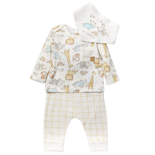 Homegrown Baby Safari Unisex Clothing Set featuring organic cotton top, trousers, and cute bib with 'We Love Our Planet' design.